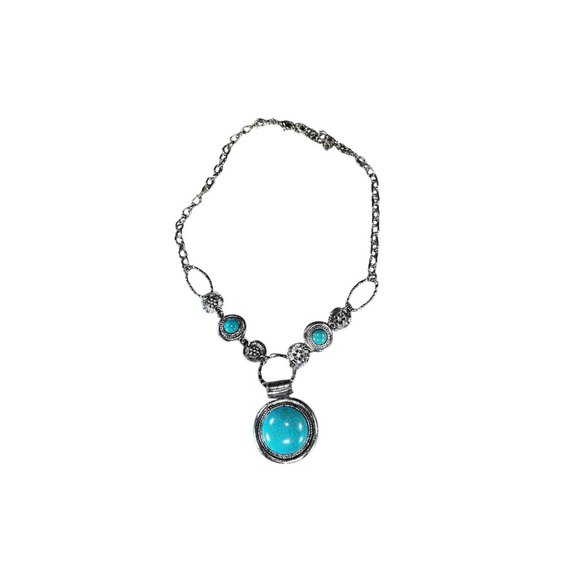 Turquoise Silver-Tone Necklace & Bracelet Jewelry Set With Ornate Detailing - Picture 3 of 5